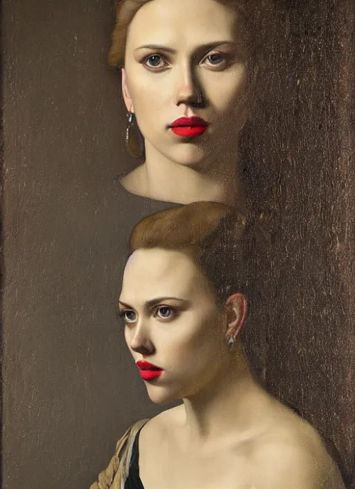 Image similar to portrait of scarlett johansson, oil painting byjohannes vermeer, 1 7 th century, art, oil on canvas, wet - on - wet technique, realistic, expressive emotions, intricate textures, illusionistic detail