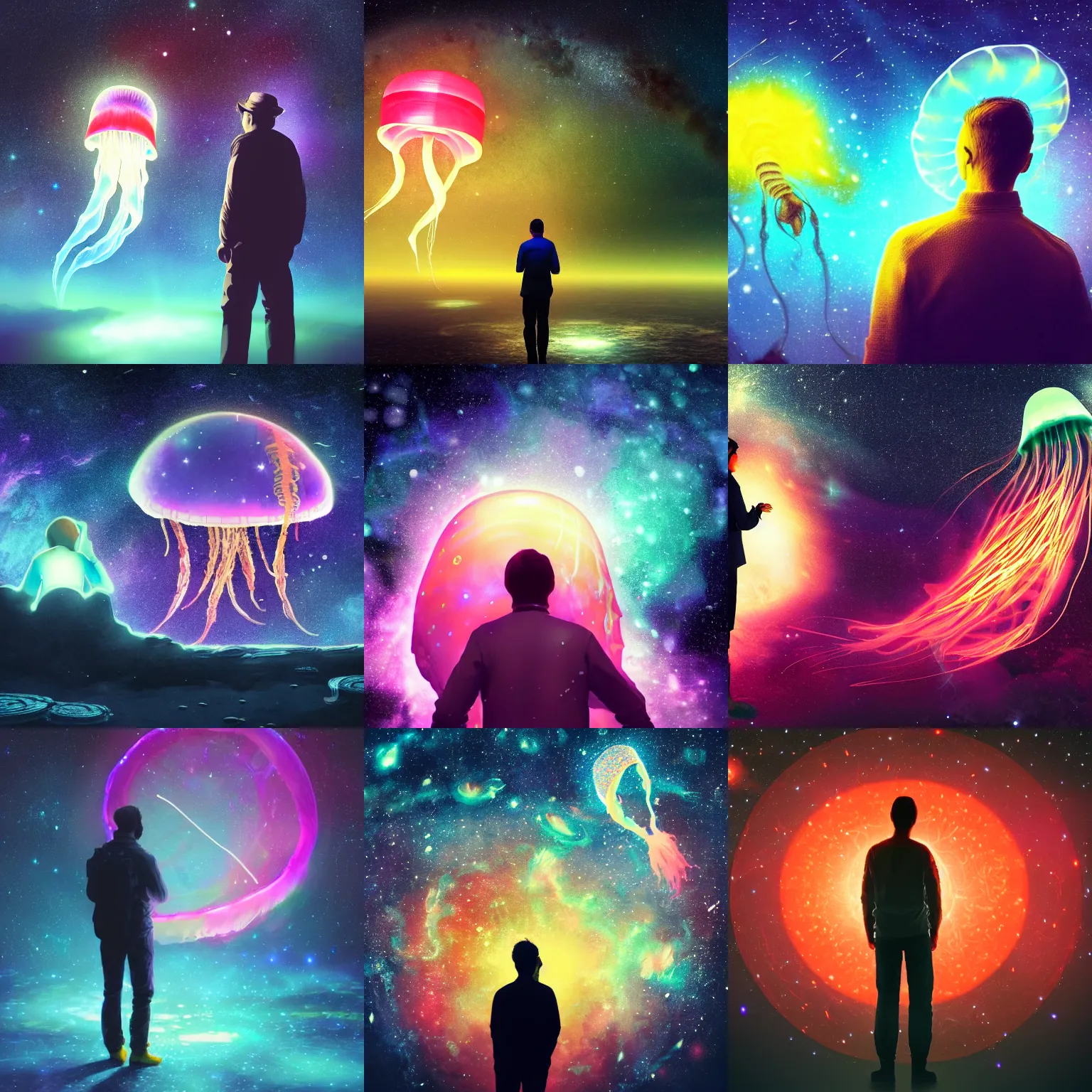 Image similar to over the shoulder photo of a man watching a magic glowing jellyfish in glowing cosmic stardust, colorful stars, galaxies, space, award winning photo, intricate, high detail, atmospheric, desolate, artstation