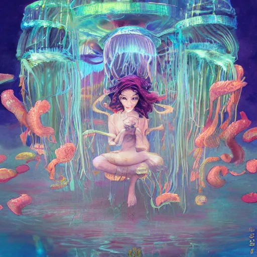 Prompt: iridescent painting of priestesses worshipping at the jellyfish temple, shrouded in mist, jellyfish god, jellyfish shrine maiden, jellyfish temple, undersea temple, underwater shrine, neon jellyfish, by Dustin Nguyen, Akihiko Yoshida, Greg Tocchini, Greg Rutkowski, Cliff Chiang, artgerm, art by Ayami Kojima, by Karol Bak, by Greg Hildebrandt, by Mark Brooks, by Noah Bradley, by Darek Zabrocki, by Tyler edlin, by Jordan Grimmer, by Neil Blevins, by James Paick, by Natasha Tan , rich deep colors, art by Takato Yamamoto, masterpiece, ultra details, high quality, high resolution, by trending on artstation, cgsociety unreal engine, octane render, cinematic light, high details, iridescent colors, macro, vermillion and fuschia, cyan and magenta, rainbow colors, cinematic top lighting, insanely detailed and intricate, Charlie Bowater, golden ratio, symmetric, elegant, ornate, luxury, elite, matte painting, mysterious, trending on cgsociety, 8k, high resolution