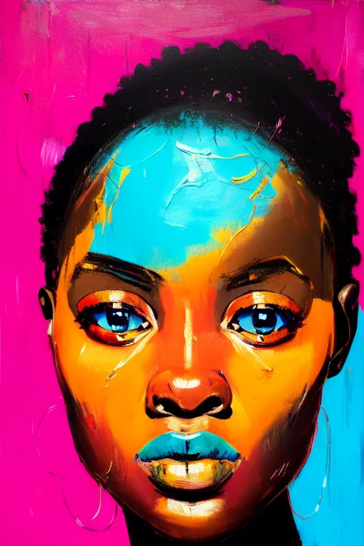 Image similar to portrait of a stylized african young lady, painted in acrylic, pigment textures, wet paint, in the colors hot pink and cyan, beautiful realistic face, rule of thirds, spotlight, by greg rutkowski, by jeremy mann, by francoise nielly, by van gogh, by ross tran, in focus