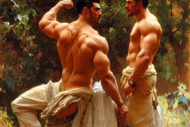 Image similar to 2 muscular attractive men chatting, painting by gaston bussiere, craig mullins, greg rutkowski, alphonse mucha