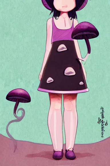 Image similar to a little girl wearing a mushroom hat in dress sitting | | purple curvy hair, pretty face, fine details, digial art by lois van baarle, anatomically correct, perfect composition, symmetrical, fantastic, clean details, anime character