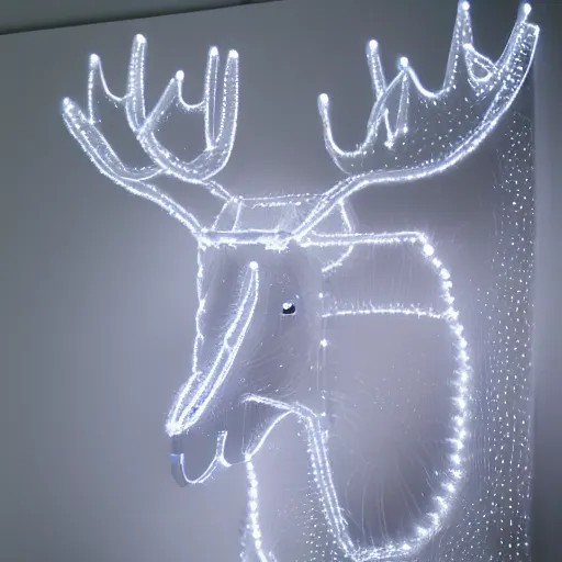 Prompt: Elegant Moose sculpture made of pure white Christmas lights, 4k, sigma 35mm