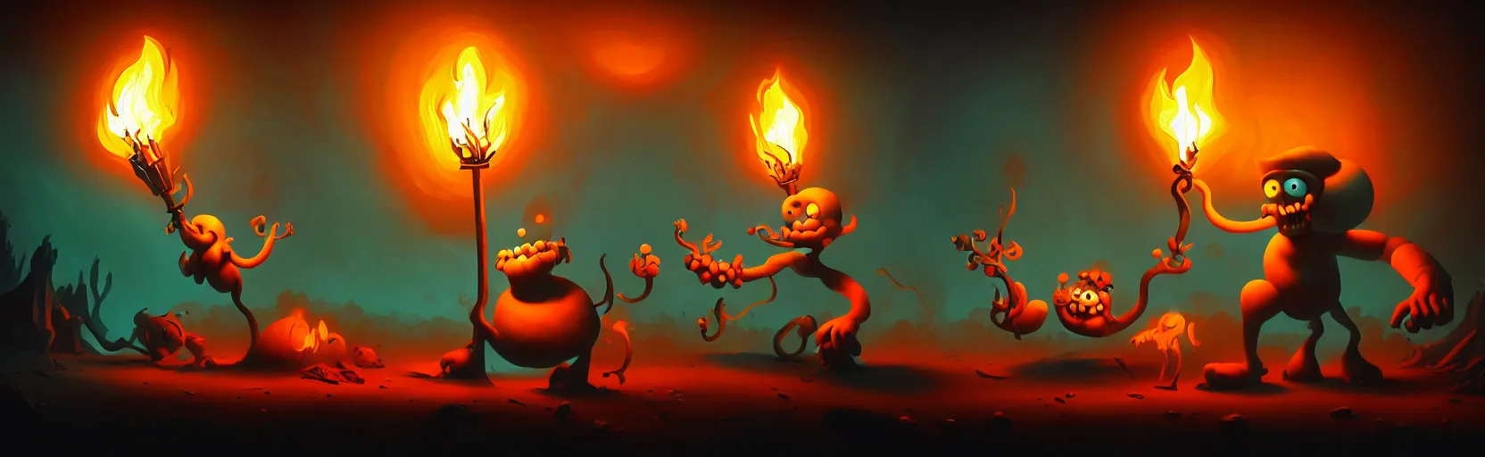 Image similar to wild whimsical mutants from the depths of a wasteland deep in the imaginal realm, dramatic lighting from fiery torches, surreal fleischer cartoon characters, shallow dof, surreal painting by ronny khalil