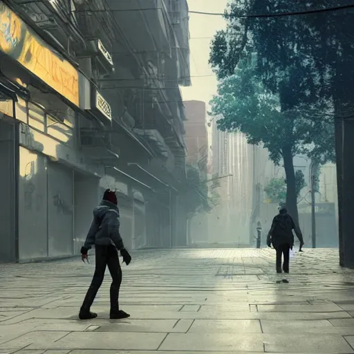 Prompt: Slavic citizen walking on a street of a future city, art book, 4k, Octane renderer, hyperrealistic, Flickr, by Maciej Kuciara