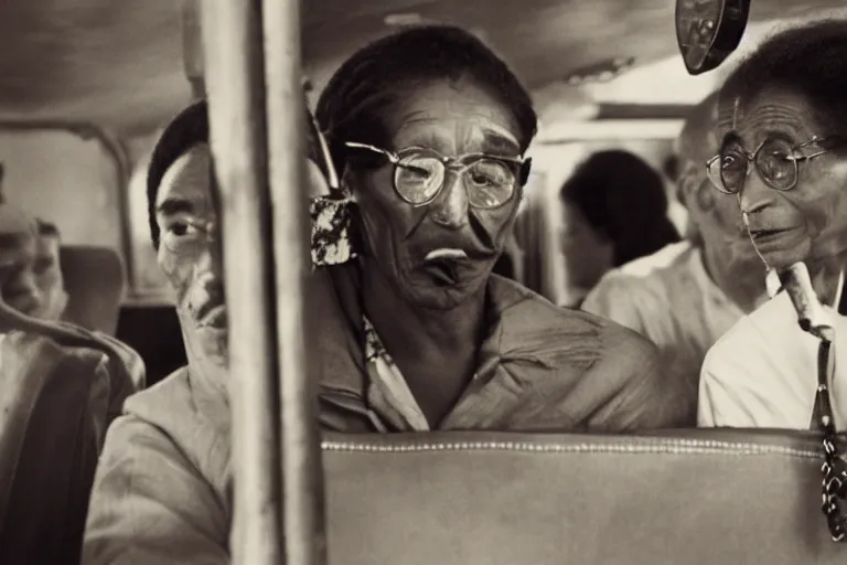 Prompt: Rosa Parks smoking the bong sitting on the back of the bus next to Bob Marley and Mahatma Ghandi , passing the bong; smoke out; cinema film; art direction; dramatic Studio lighting by John Gaeta; 4K 8K