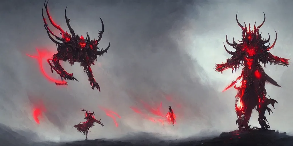 Prompt: mechanical steampunk cyborg devil red skin satan horns with white! angel wings flames and fire concept art greg rutkowski ivan aivazovsky