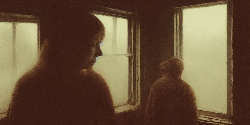 Image similar to portrait bust of a mother, tired expression, faded color film, russian cinema, tarkovsky, kodachrome, inside old cabin, next to window, heavy forest outside, long brown hair, old clothing, heavy fog, brown color palette, hudson river school, 4 k, dramatic lighting, greg rutkowski