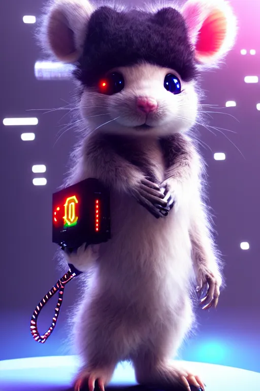 Image similar to high quality 3 d render very cute fluffy cyborg!! rat plays synthesizer, cyberpunk highly detailed, unreal engine cinematic smooth, in the style of blade runner & detective pikachu, hannah yata charlie immer, moody light, low angle, uhd 8 k, sharp focus