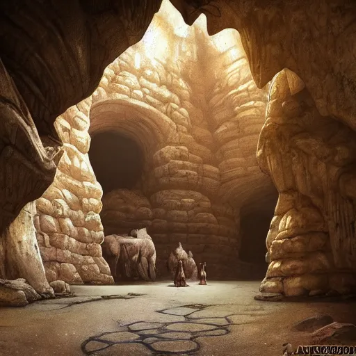 Prompt: ancient underground city in cave, cave interior, godrays, 8 k, octane render, ultra detailed, art by artgerm and greg rutkowski and alphonse mucha, artstation