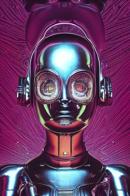 Image similar to retro-futuristic portrait of a beautiful damaged female android in dusty chrome armour with wires hanging, ornate background, light from below, ornate pattern, glowing eyes, evil expression, high details, intricate details, renaissance painting by vincent di fate, artgerm julie bell beeple, 80s, Smooth gradients, High contrast, depth of field, very coherent symmetrical artwork