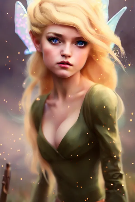 Image similar to cinematic shot of an epic portrait of a cute blonde fairy dressed in military clothes, stylised military clothes, shiny skin, beautiful eyes, beautiful, small details, night setting, realistic poster with volumetric light from craig mallism, artgerm, jeremy lipkin and michael garmash, unreal engine, radiant light, digital art, trends at art station, a masterpiece