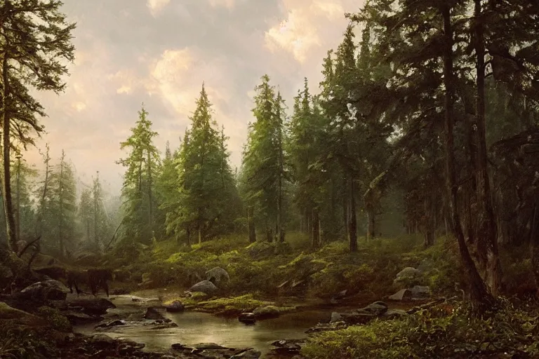 Image similar to A beautiful painting of russian village in dark forest by ivan shishkin and arkhip kuindji, trending on artstation,matte painting