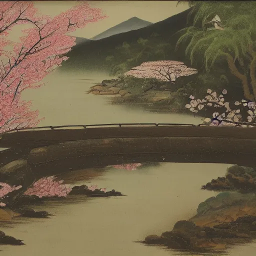 Prompt: painting of a Japanese pagoda and a bridge over a stream with cherry blossom all around, Oil on canvas 1924