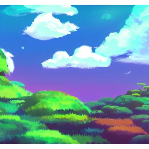 Prompt: landscape, cool color palette, chroma, rtx, of a remote planet with jungle, as studio ghibli