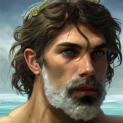 Prompt: ''face portrait of handsome poseidon from greek mythology, sea background, greece, fantasy, dungeons and dragons, d & d, digital painting, artstation, concept art, sharp focus, illustration, art by greg rutkowski and alphonse mucha''