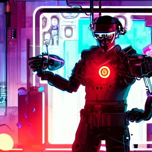 Image similar to a cyborg cyberpunk man stepping into a cyberpunk bar. His right hand is a laser pistol while his other hand has a laser katana. He is surrounded by men with laser katanas as well. The cyborg has a smirk on his face. Neon colors.