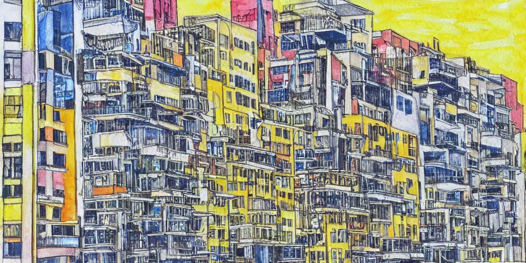 Prompt: painting. bauhaus style. buildings with balconies. junction in dizingof center in tel aviv. highly detailed. pen drawing painted with watercolors. colorful. low buildings. palm trees. fluffy