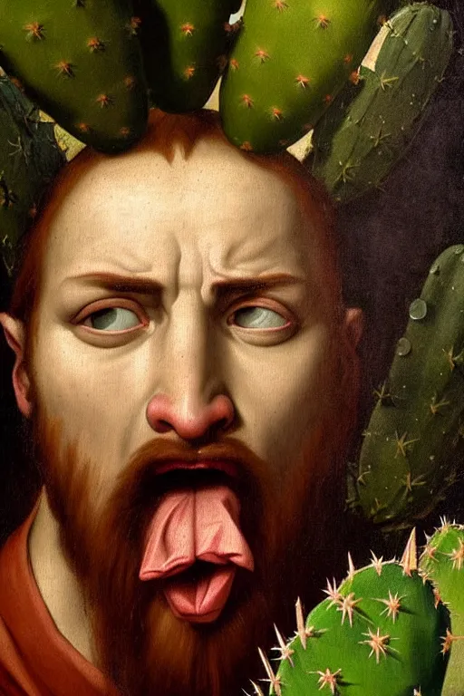 Image similar to renaissance painting of evil men, portrait, angry face closeup, emotions closeup, dressed in spartan armour, the beautiful garden with cactus bush everywhere, ultra detailed, art by guido reni style, vincenzo catena style