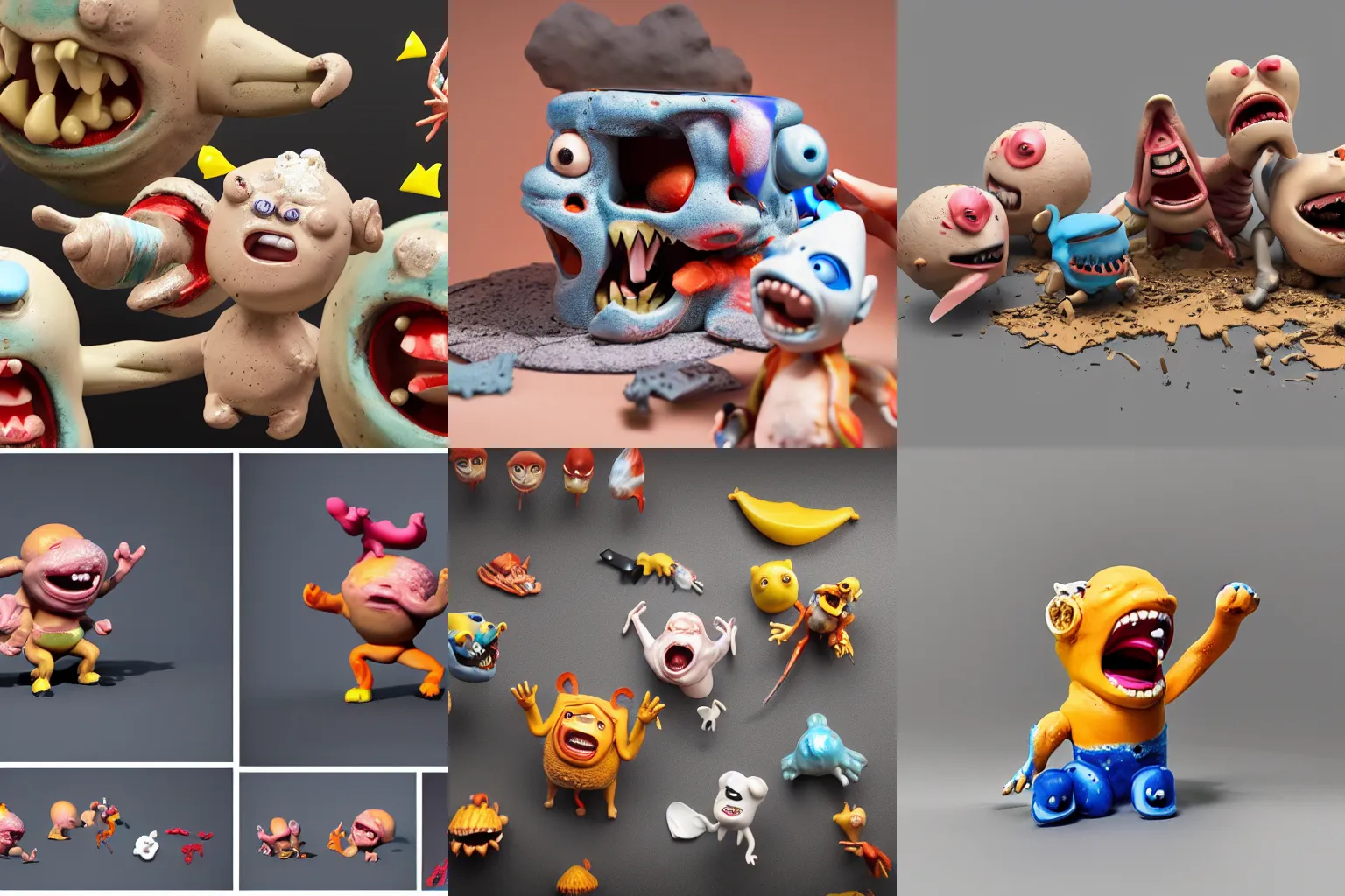 Prompt: dissection of funny, angry screaming with tongue out ceramic exploding crash miniature toy resin Figure clay animal falling apart 8K, c4d, 3d primitives, in a Studio hollow, surrounded by flying parts, explosion drawing, by pixar, beeple, by jeff koons, blender donut tutorial, pattern