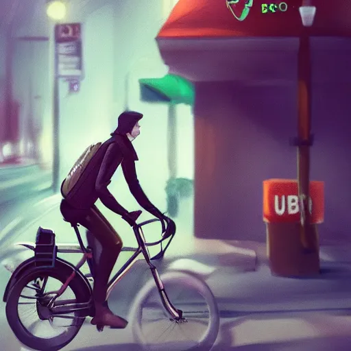 Prompt: uber eats delivery cyclist, trending on artstation, deviantart, Pinterest, detailed High Resolution, 8k