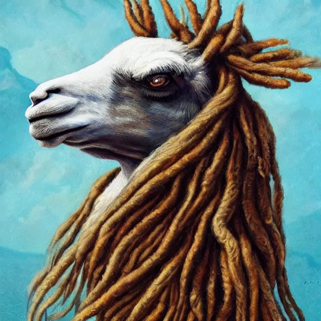 Image similar to llama with dreadlocks, by mandy jurgens, ernst haeckel, james jean. in the style of aqua