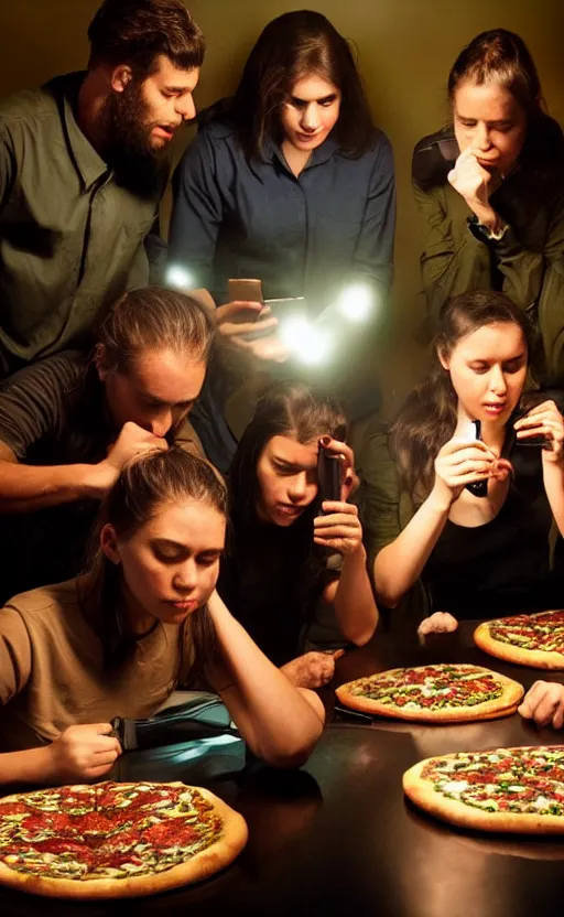 Prompt: apes checking their cell phones editorial photograph, dark lighting, glowing screens, indoor Pizza Hut