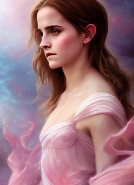 Prompt: emma watson as nature magic celestial turned away, long hair, soft pink and white transparent cloth, space, D&D, shiny background, intricate, elegant, highly detailed, digital painting, artstation, concept art, smooth, sharp focus, illustration, artgerm, bouguereau