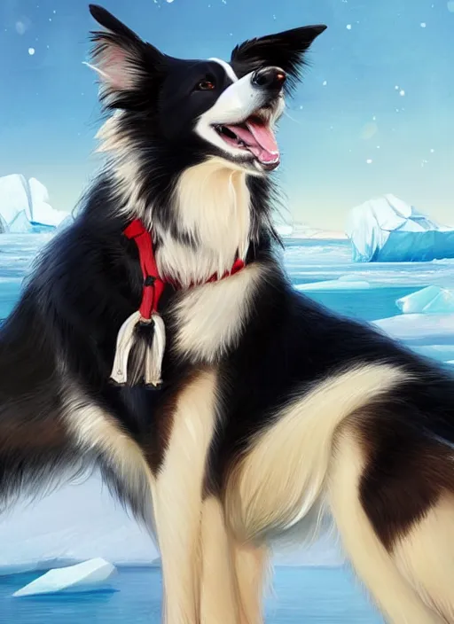 Image similar to beautiful portrait of a cute male anthropomorphic border collie fursona wearing a swimsuit in antarctica. character design by charlie bowater, henry asencio, and ross tran. scenic background, detailed, glamor pose, aesthetic, trending on artstation, top rated on furaffinity and deviantart