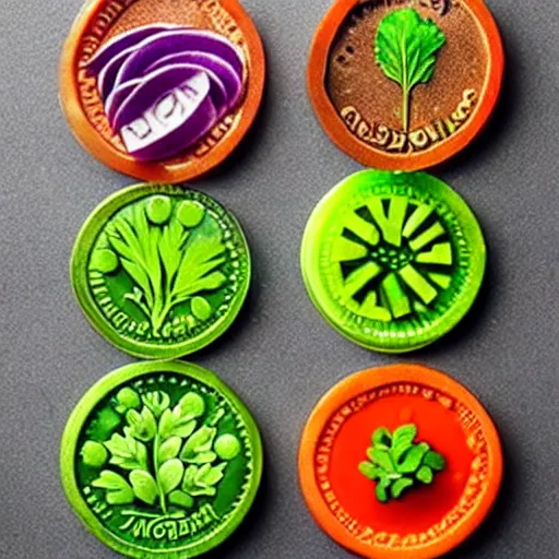 Image similar to edible coins made of vegetables, finely chopped vegetables in the shape of coins