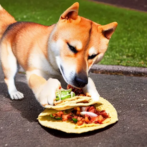 Prompt: shiba inu eating taco