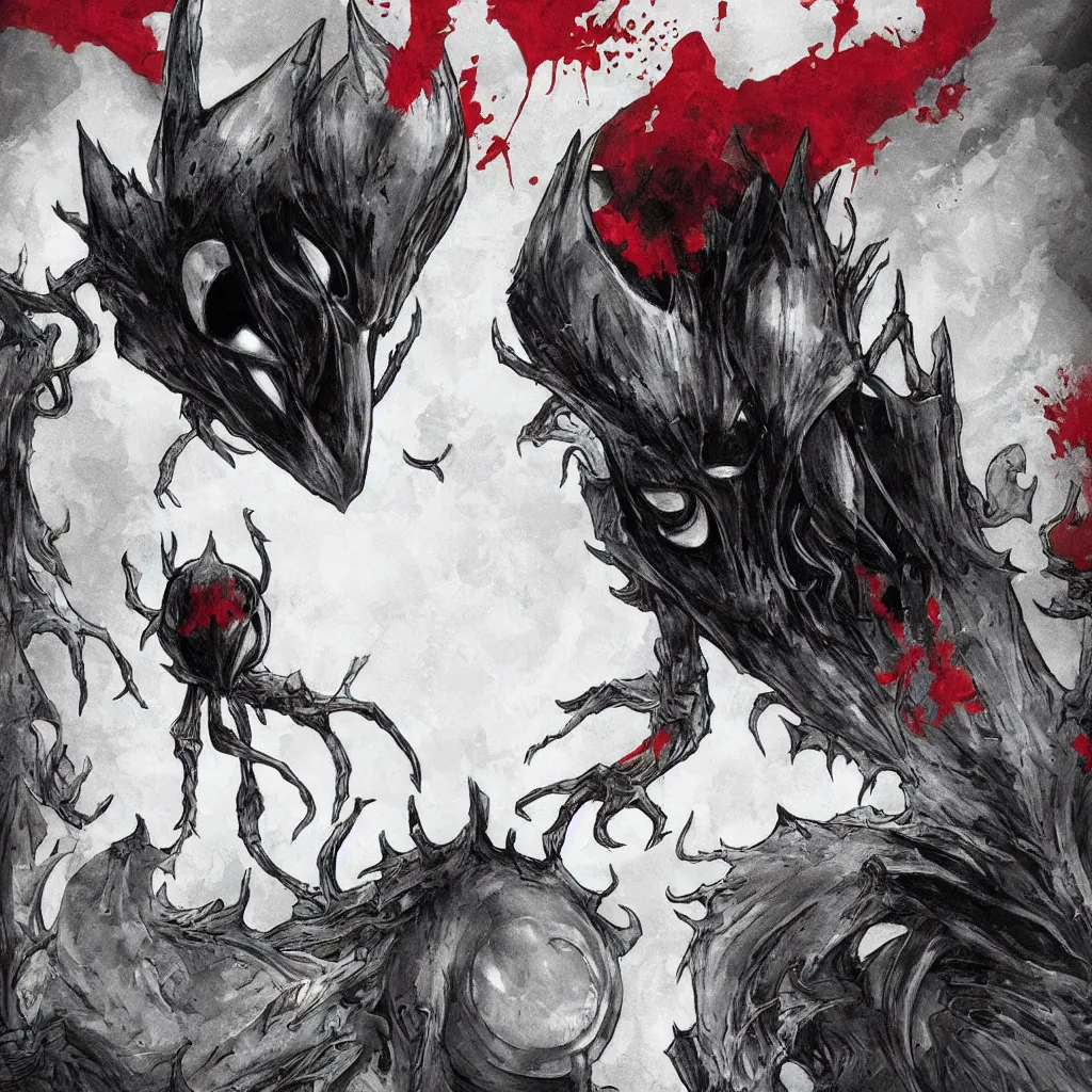 Image similar to hollow knight. Corrupted. High detail. Cover art. No text. High detail. Ominous. Sharp. Red