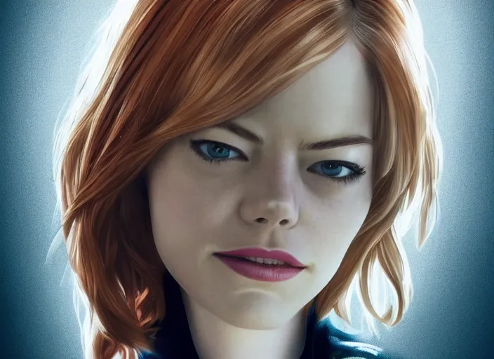 Image similar to Emma stone is gwen stacy spider man, spider woman, Emma stone with blond hair, blond, full body photo, in gwen stacy spider suit, white spider suit, smooth face, posing for camera, cinematic, epic background action pose, hyper realism, artstation, 8k, photoshoot