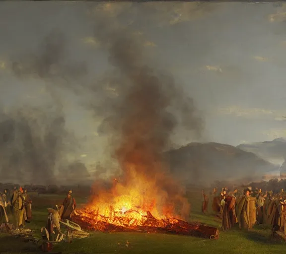 Image similar to landscape portrait of a an immense funeral pyre, with large green dollar bills in it, by william sidney mount, trending on artstation