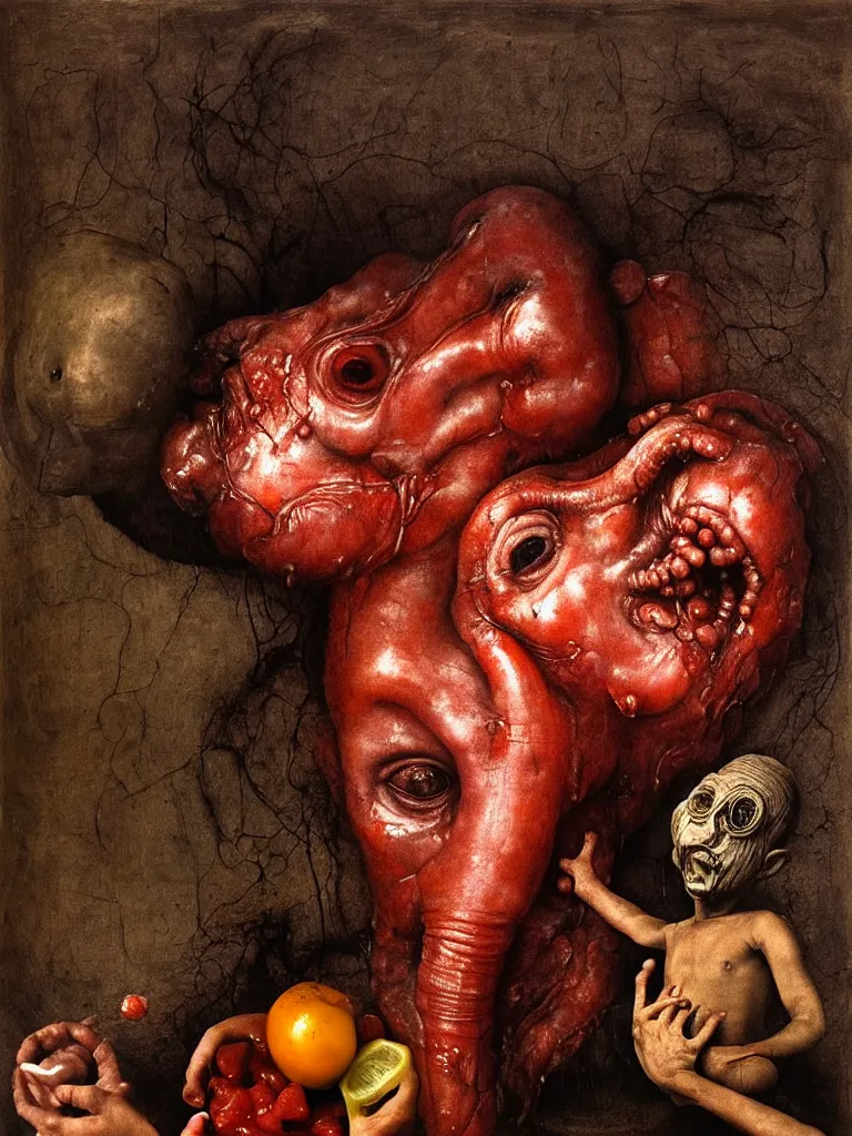 Prompt: a boy like eraserhead and elephant man sitting in a tub full of tomato sauce, looking straight into camera, screaming in desperation, by giuseppe arcimboldo and ambrosius benson, renaissance, fruit, intricate and intense oil paint, a touch of beksinski and hr giger and edward munch, realistic, rules of composition, headspace