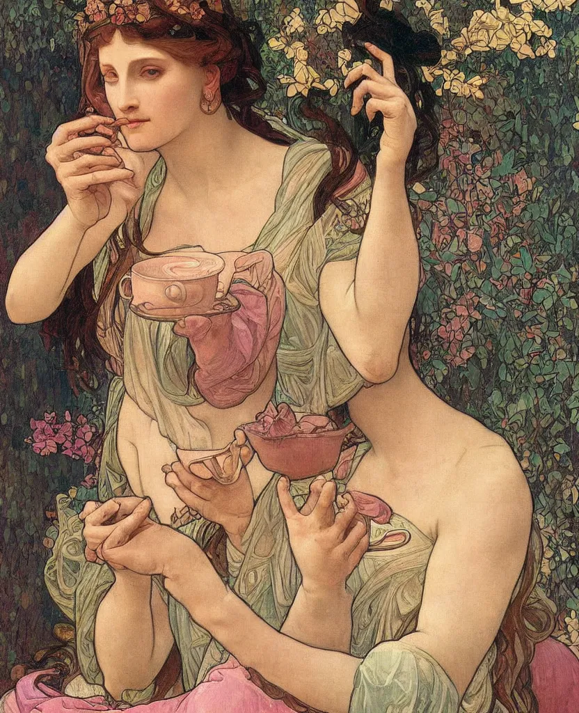 Image similar to a beautiful arrogant surreal greek lady drinking tea looking disdained, rennaisance painting, whimsical, pastel pink color palette, by leonardo da vinci and alphonse mucha