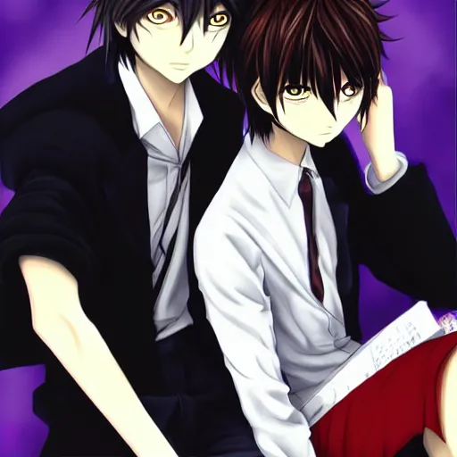 Prompt: Two handsome men,L·Lawliet and Light Yagami,Death Note, Makoto Shinkai