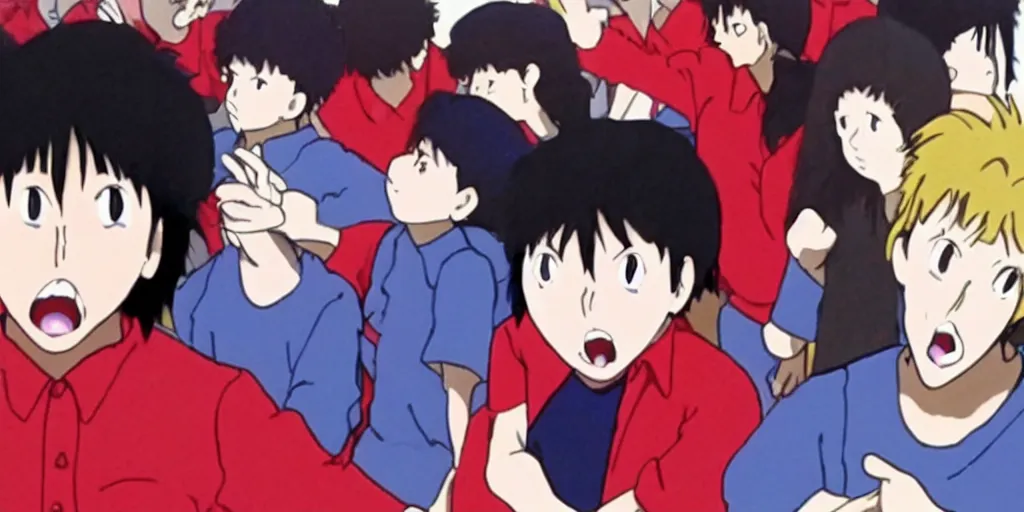 Image similar to a stil of a 90s OVA showing a man with a black hair wearing a red shirt screaming in a school