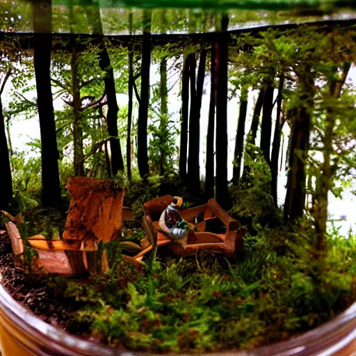 Prompt: detailed photo, diorama a forest in glass bottle