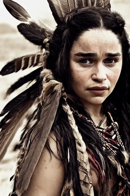 Prompt: Photo of Native American indian woman Emilia Clarke, portrait, skilled warrior of the Apache, ancient, realistic, detailed, Emilia Clarke