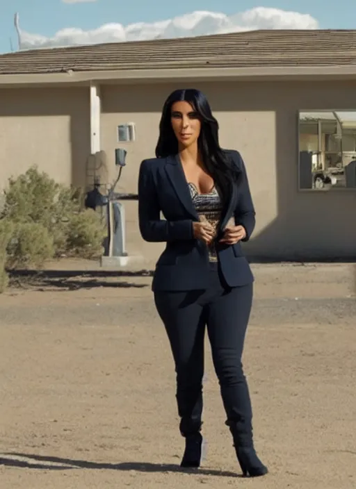 Prompt: film still of kim kardashian as saul goodman in better call saul,