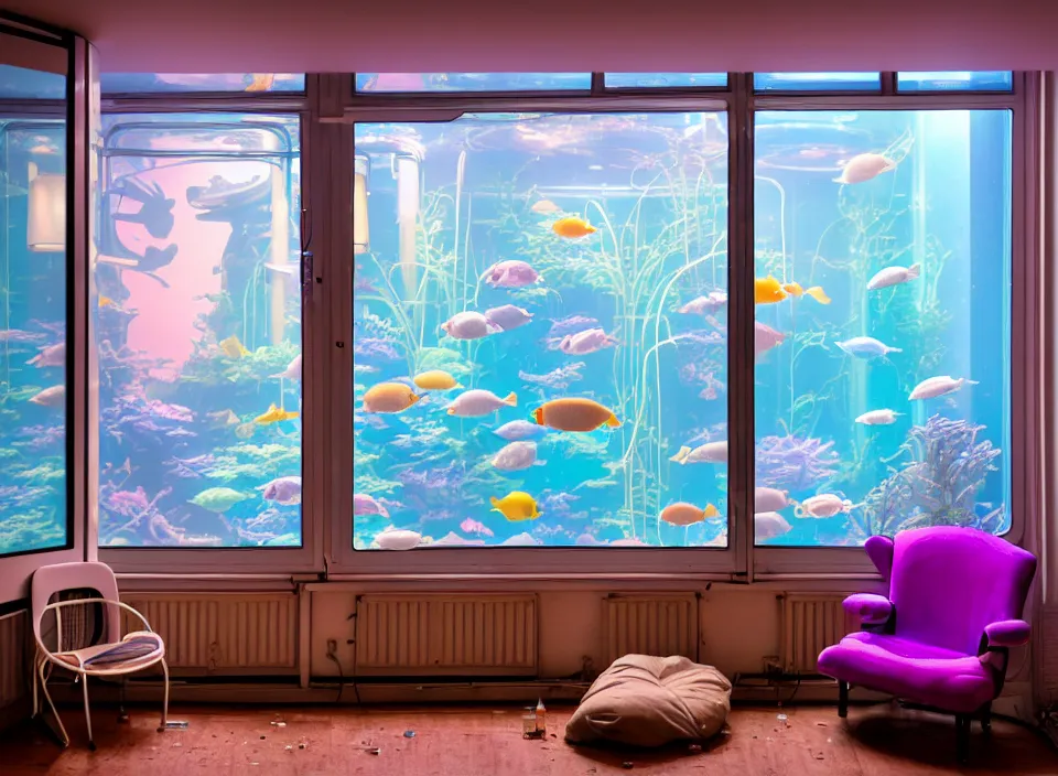 Image similar to telephoto 7 0 mm f / 2. 8 iso 2 0 0 photograph depicting the feeling of chrysalism in a cosy cluttered french sci - fi ( art nouveau ) cyberpunk apartment in a pastel dreamstate art cinema style. ( aquarium, computer screens, window ( city ), led panel, lamp ( ( ( armchair ) ) ) ), ambient light.