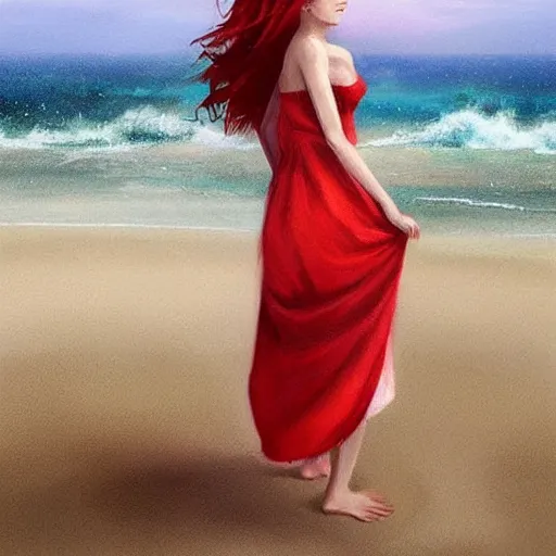 Image similar to beautiful woman with red hair in white sundress on the beach, perfect face, perfect body, eye contact, flirting, smiling, drawn by greg rutkowski