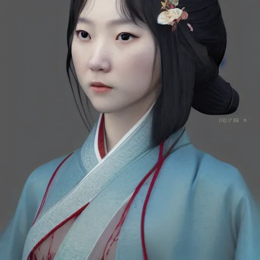 Image similar to a lovely girl in hanfu, by ruan jia, by yun ling, happy expression, smile, unreal engine, 3 d render, 8 k, closeup, smooth, trending on artstation, digital illustration, black hair