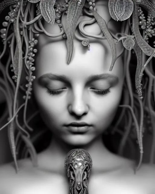 Image similar to mythical dreamy underwater artistic black and white 3 d render of a translucent beautiful young female angelic - medusa - vegetal - doll, highly detailed, intricate crystal ivy jelly ornate, poetic, translucent algae ornate, digital art, octane render, 8 k artistic photography, photo - realistic, hg giger flora borsi
