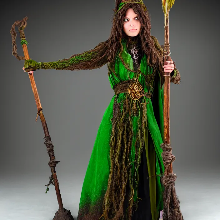 Image similar to photograph of a real-life beautiful elemental earth witch with ornate green and brown robes and staff. Extremely detailed. 8k