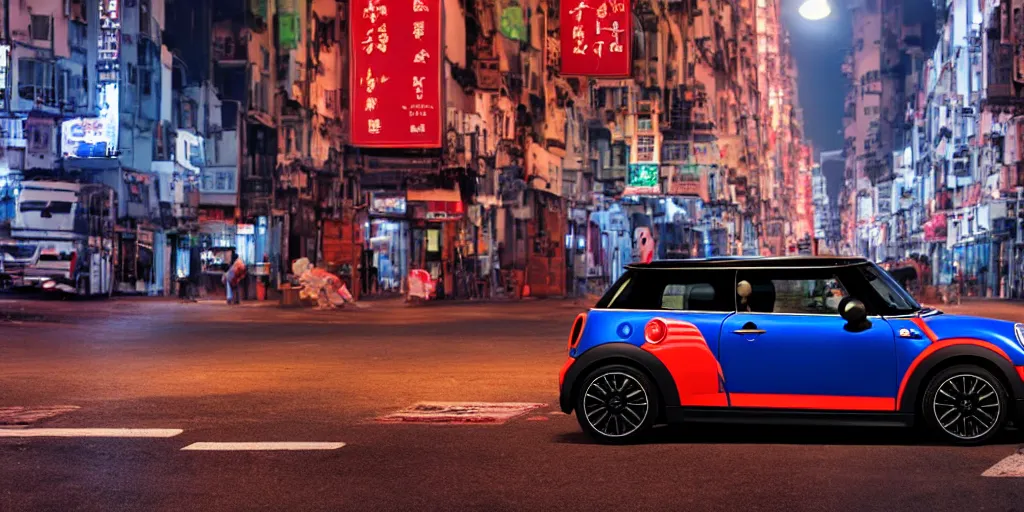 Prompt: Mini Cooper S with blood vinyl in the middle of a road on the night Hong Kong china town, blue color grading, cinematic color grading , unreal 5, hyperrealistic, realistic, photorealistic, dynamic lighting, highly detailed, cinematic landscape, studio landscape, studio lighting