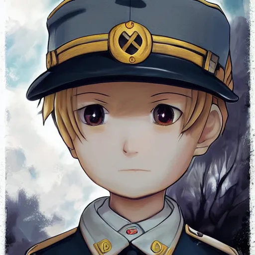 Image similar to beautiful little blonde boy in nazi uniform. made in abyss art style, inspired by kris from deltarrune, cute detailed artwork, anatomically correct, soft details, ilya kuvshinov, reflection, perfect composition, portrait, illumination, digital art, detailed anime soft face, symmetrical face, western comic, illustration, realistic, nazism