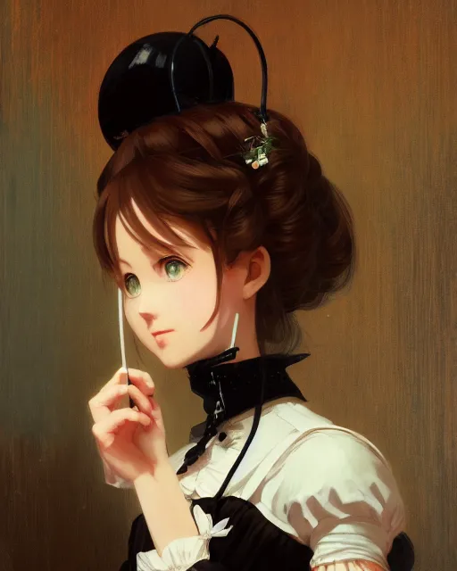 Image similar to a portrait of a victorian maid, victorian reading room, vivid colors, soft lighting, atmospheric, cinematic, moody, in the style of Ilya Kuvshinov and Range Murata, Krenz Cushart, oil on canvas, anime, 8K