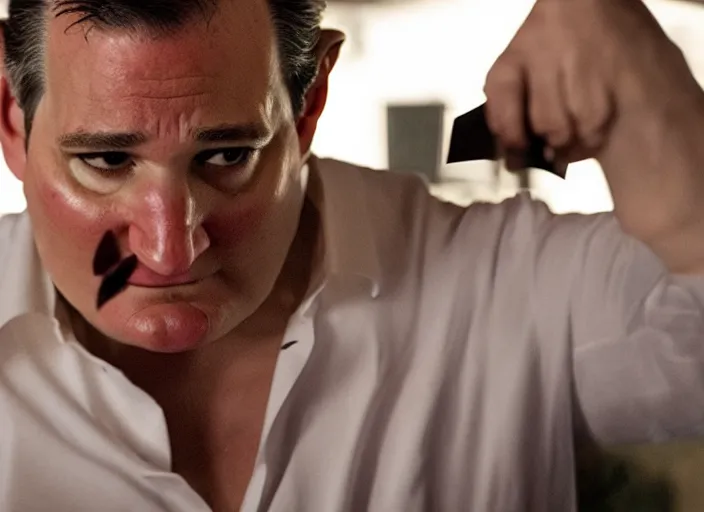 Prompt: ted cruz with a knife, movie still, from the new purge movie, 8 k, realistic